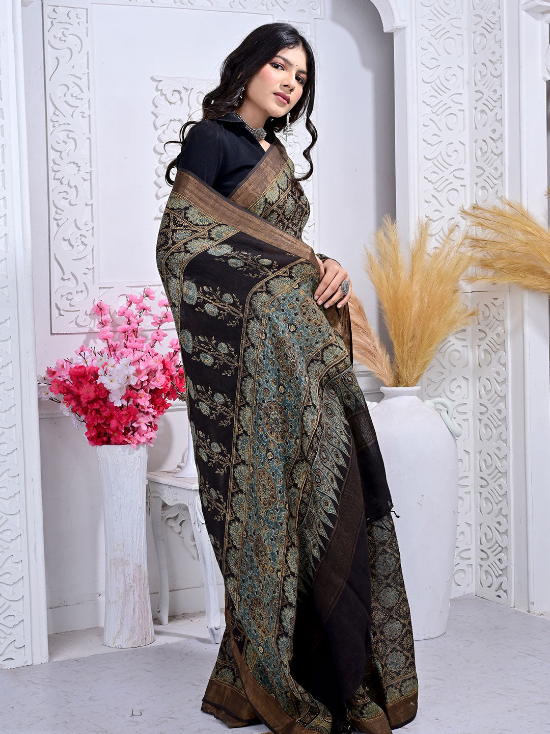 Ajrakh Hand Block Print Linen saree