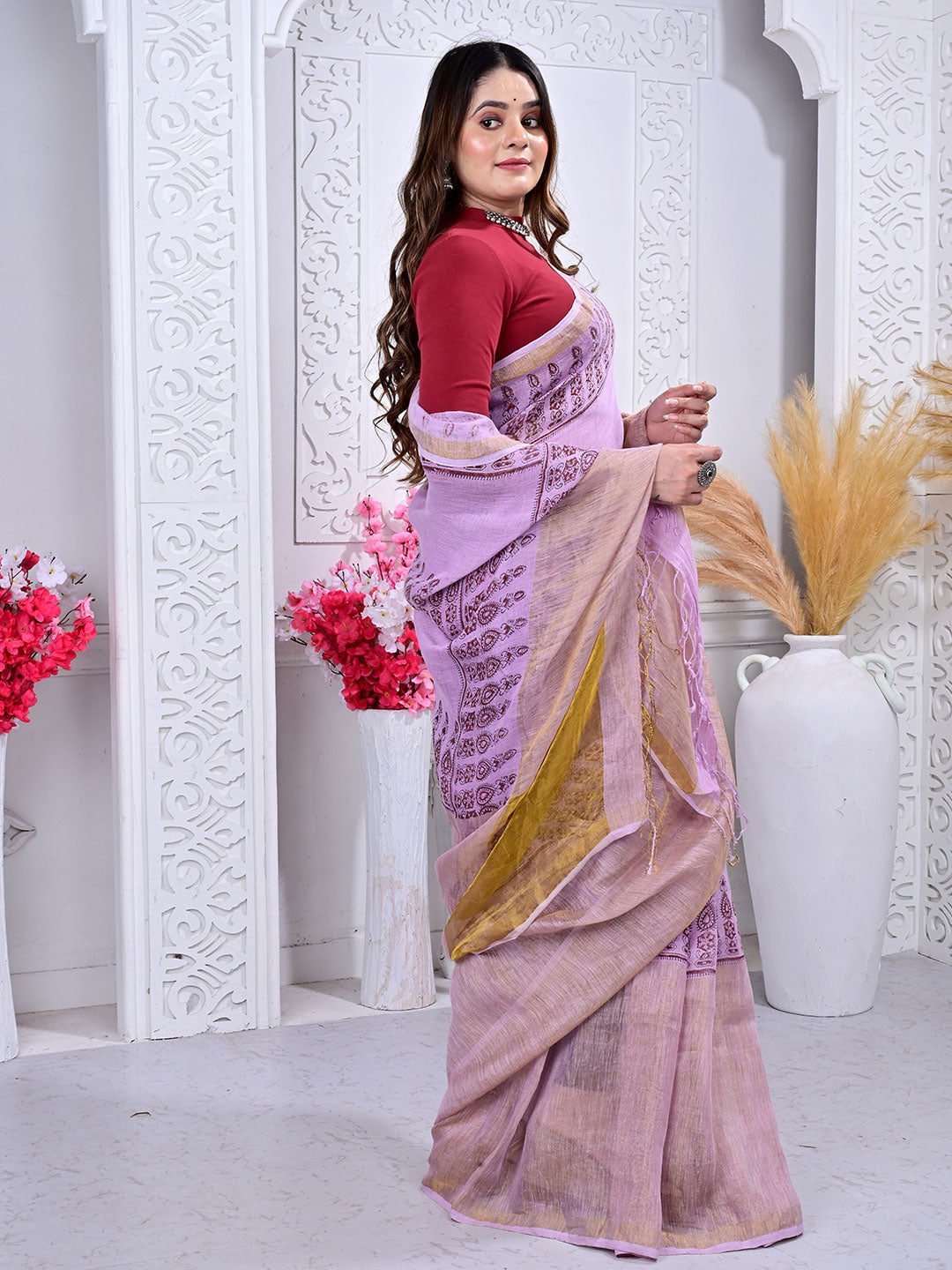 Ajrakh Hand Block Print Linen saree