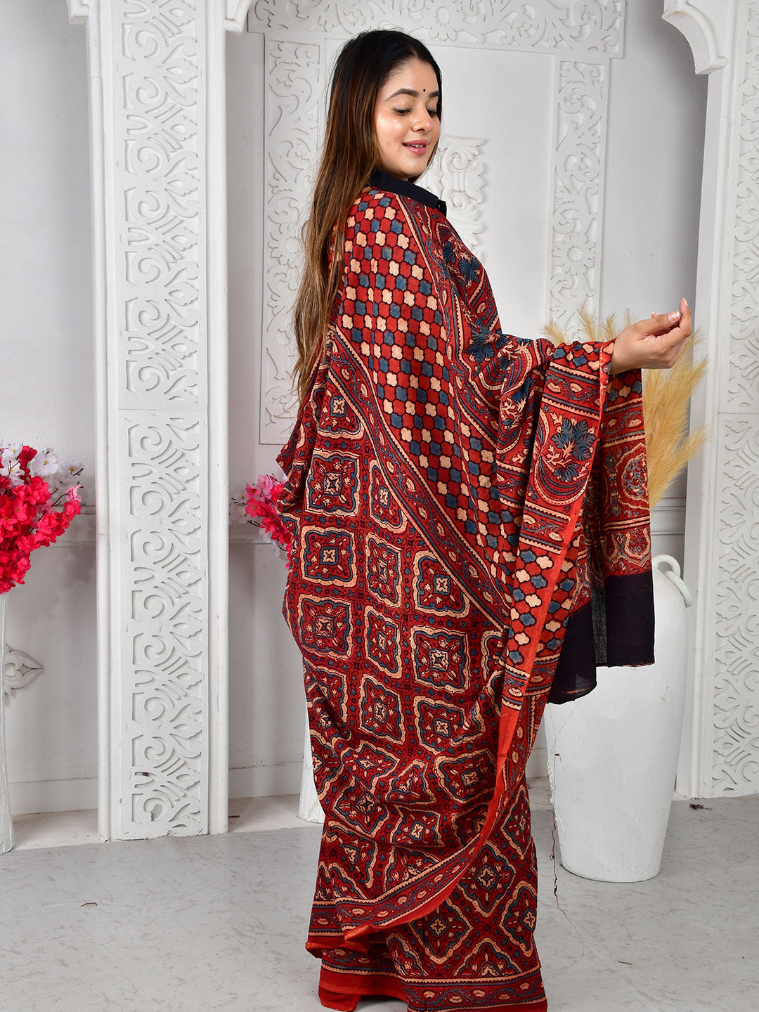 Ajrakh Hand Block Print Mul Cotton saree