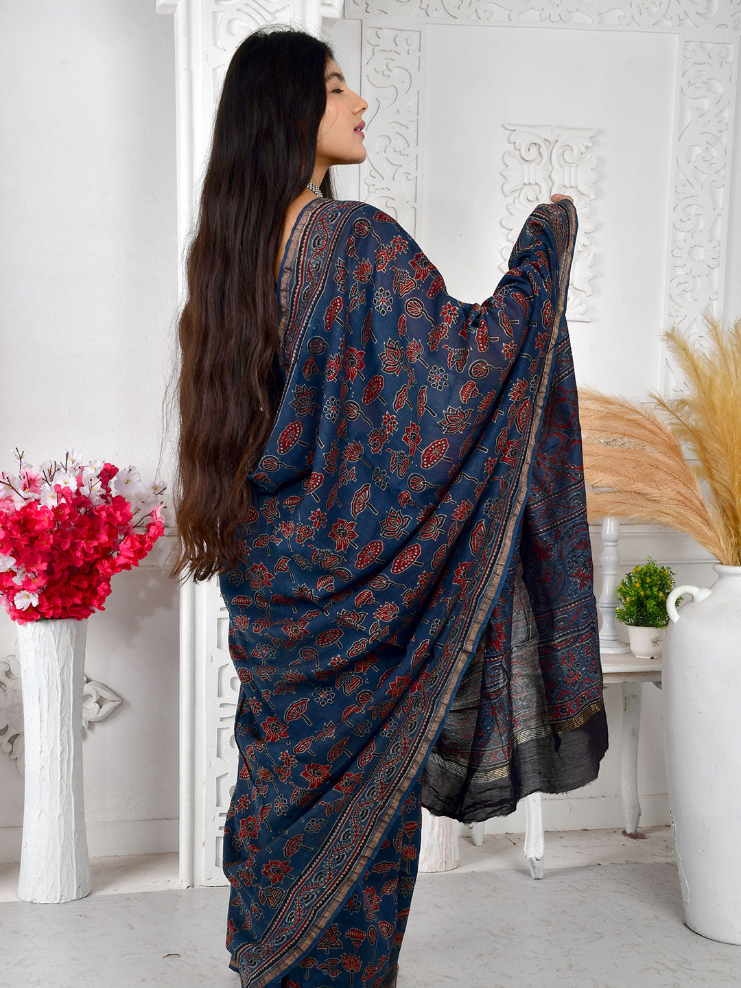 Ajrakh Hand Block Print Chanderi silk saree