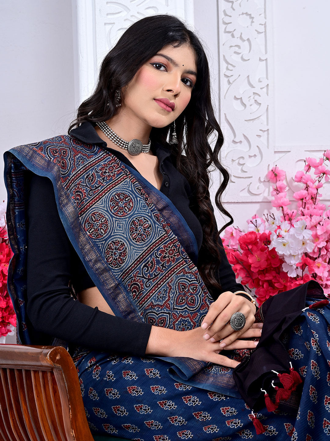 Ajrakh Hand Block Print Maheshwari silk saree