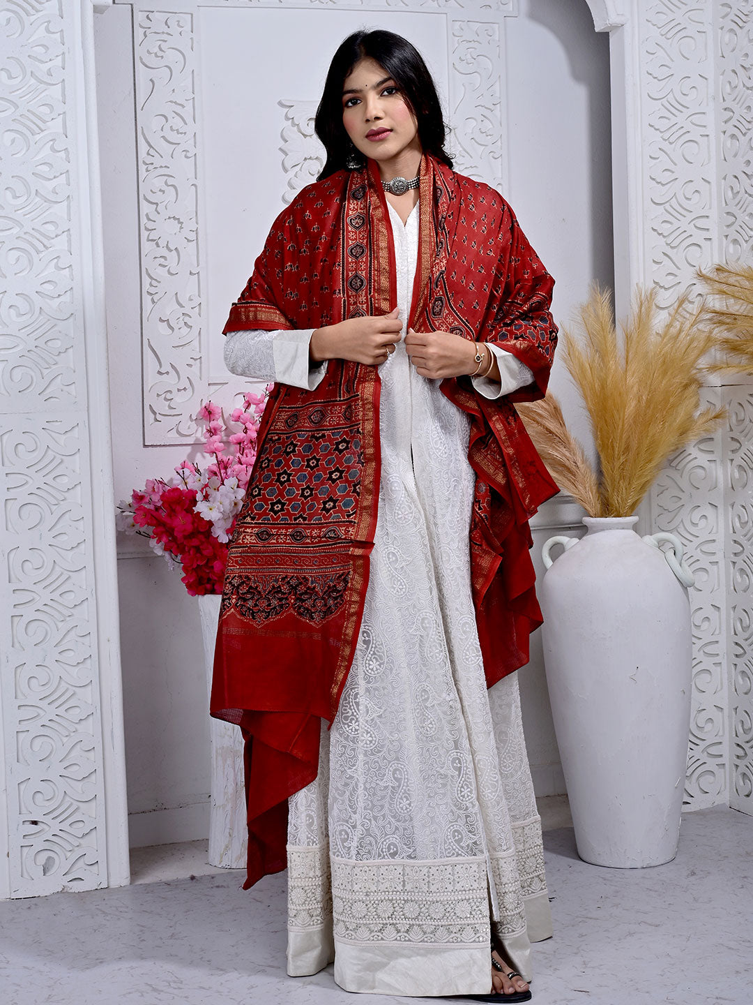 Ajrakh Hand Block Print Maheshwari silk Dupatta