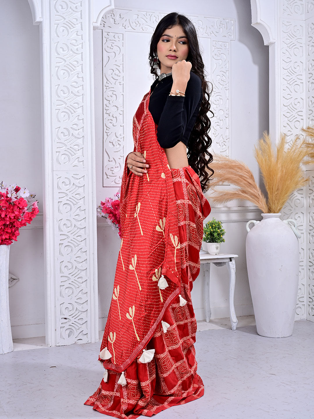 Ajrakh Hand Block Print Modal silk saree