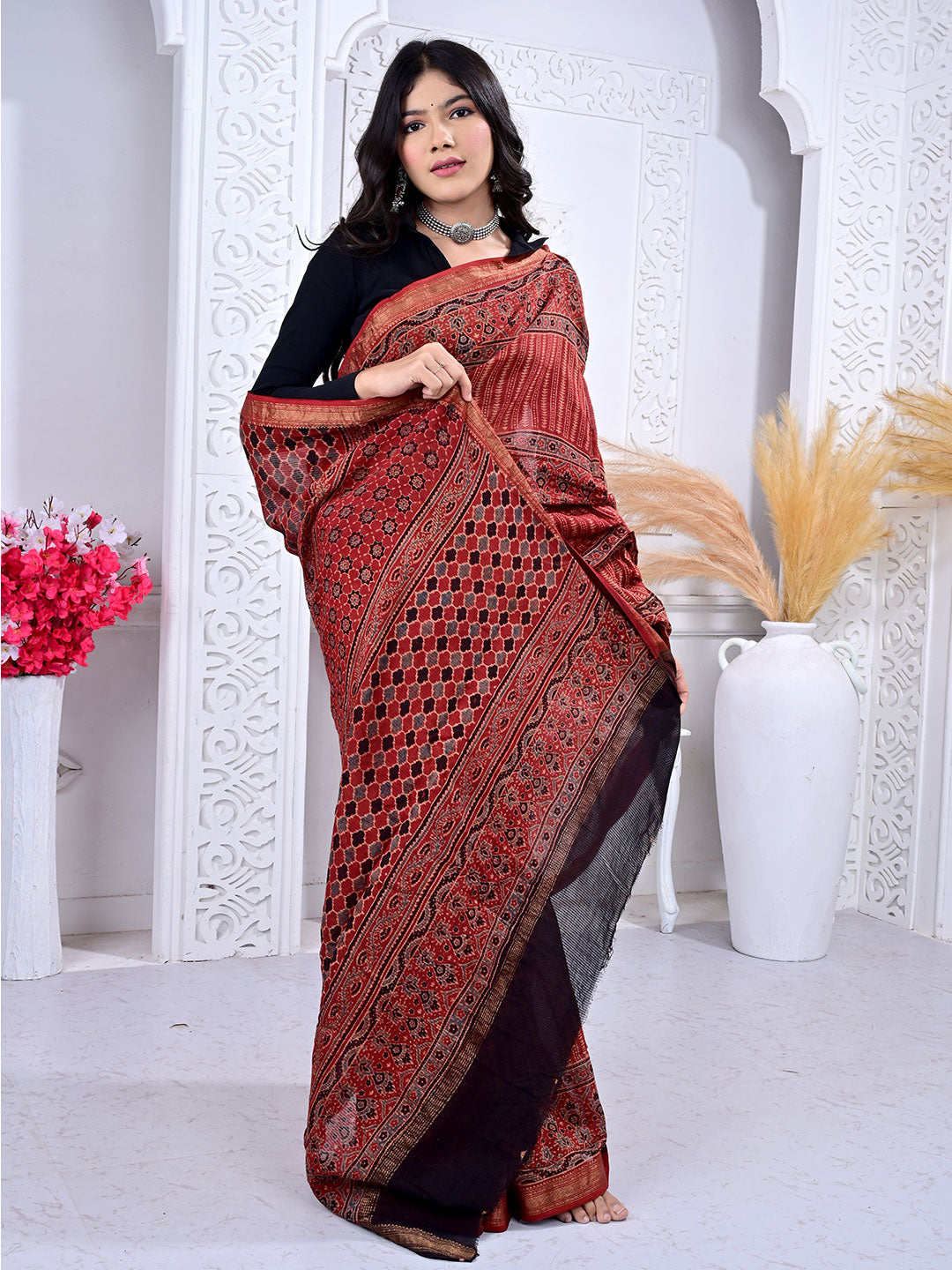 Ajrakh Hand Block Print Maheshwari silk saree