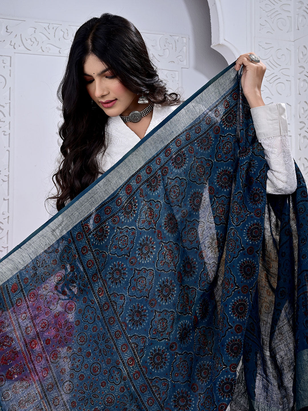 Ajrakh Hand Block Print Linen Dupatta