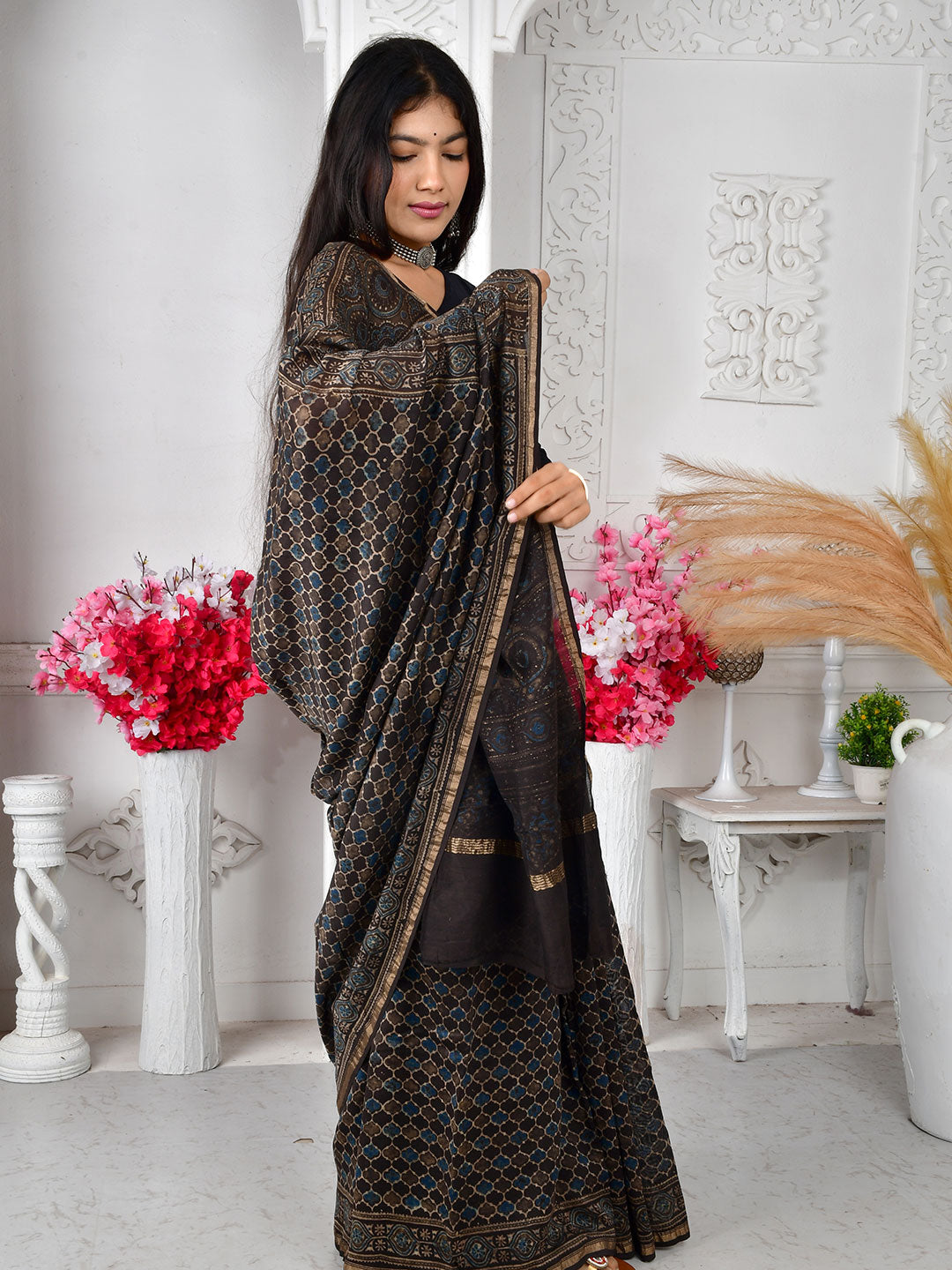 Ajrakh Hand Block Print Chanderi silk saree