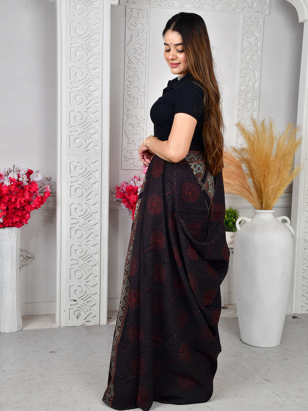 Ajrakh Hand Block Print Mul Cotton saree