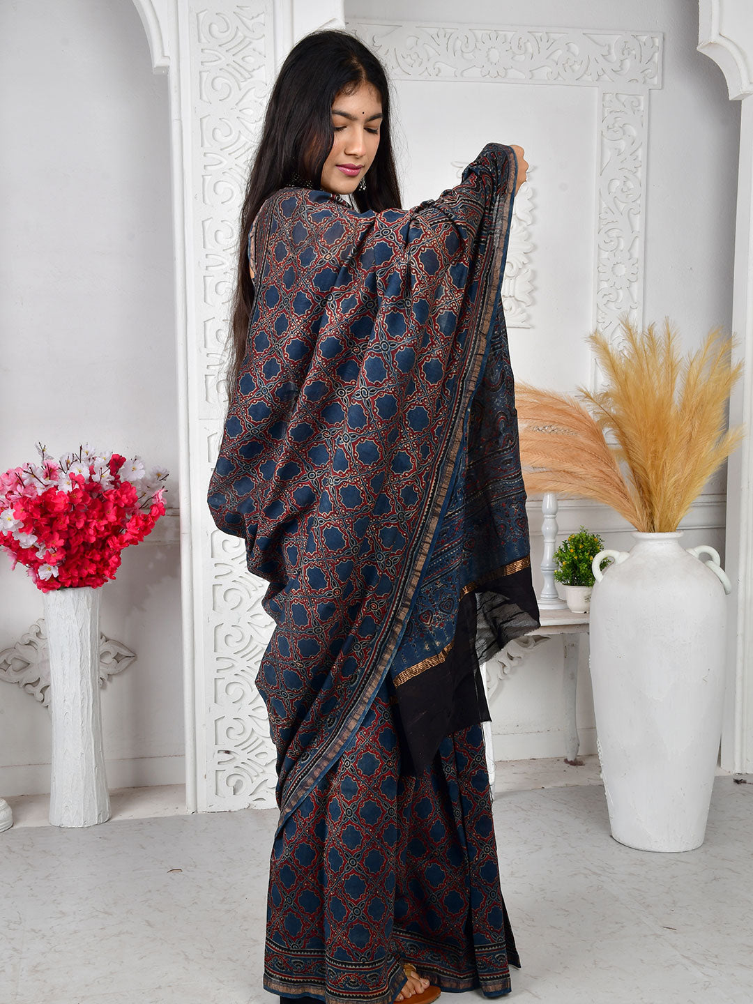 Ajrakh Hand Block Print Chanderi silk saree