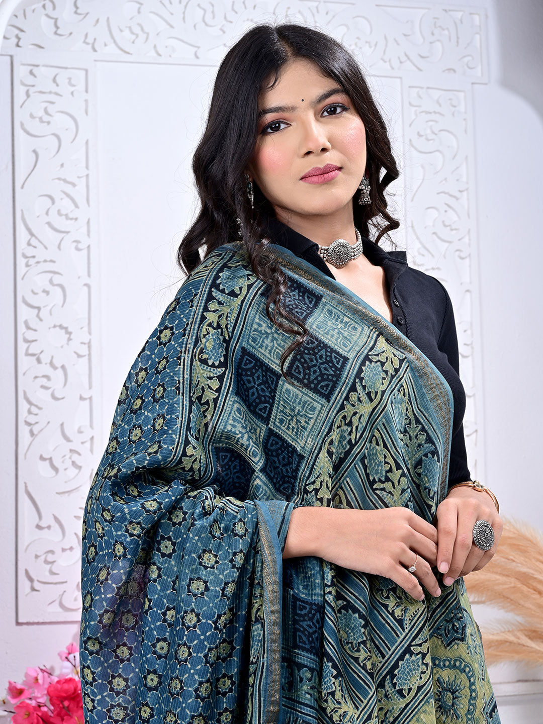 Ajrakh Hand Block Print Maheshwari silk saree