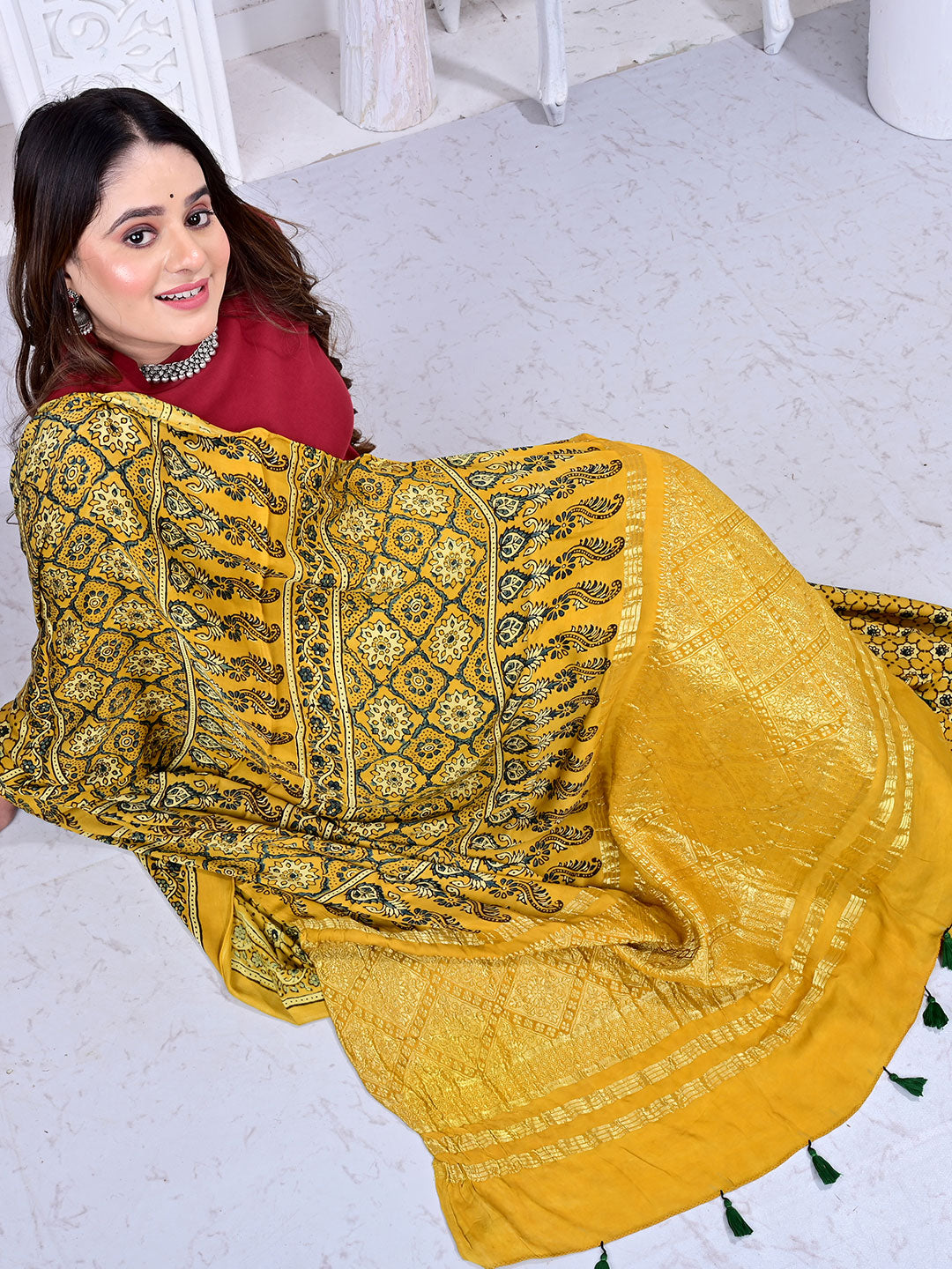 Ajrakh Hand Block Print Modal silk saree