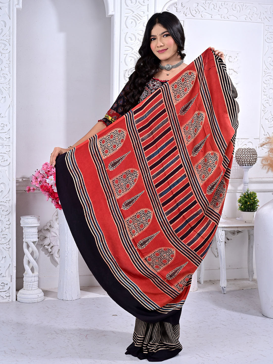 Ajrakh Hand Block Print Modal silk saree