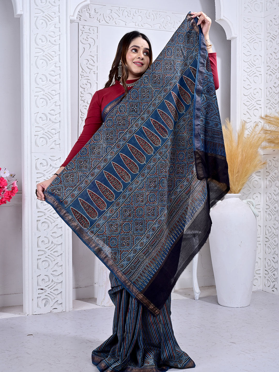 Ajrakh Hand Block Print Maheshwari silk saree