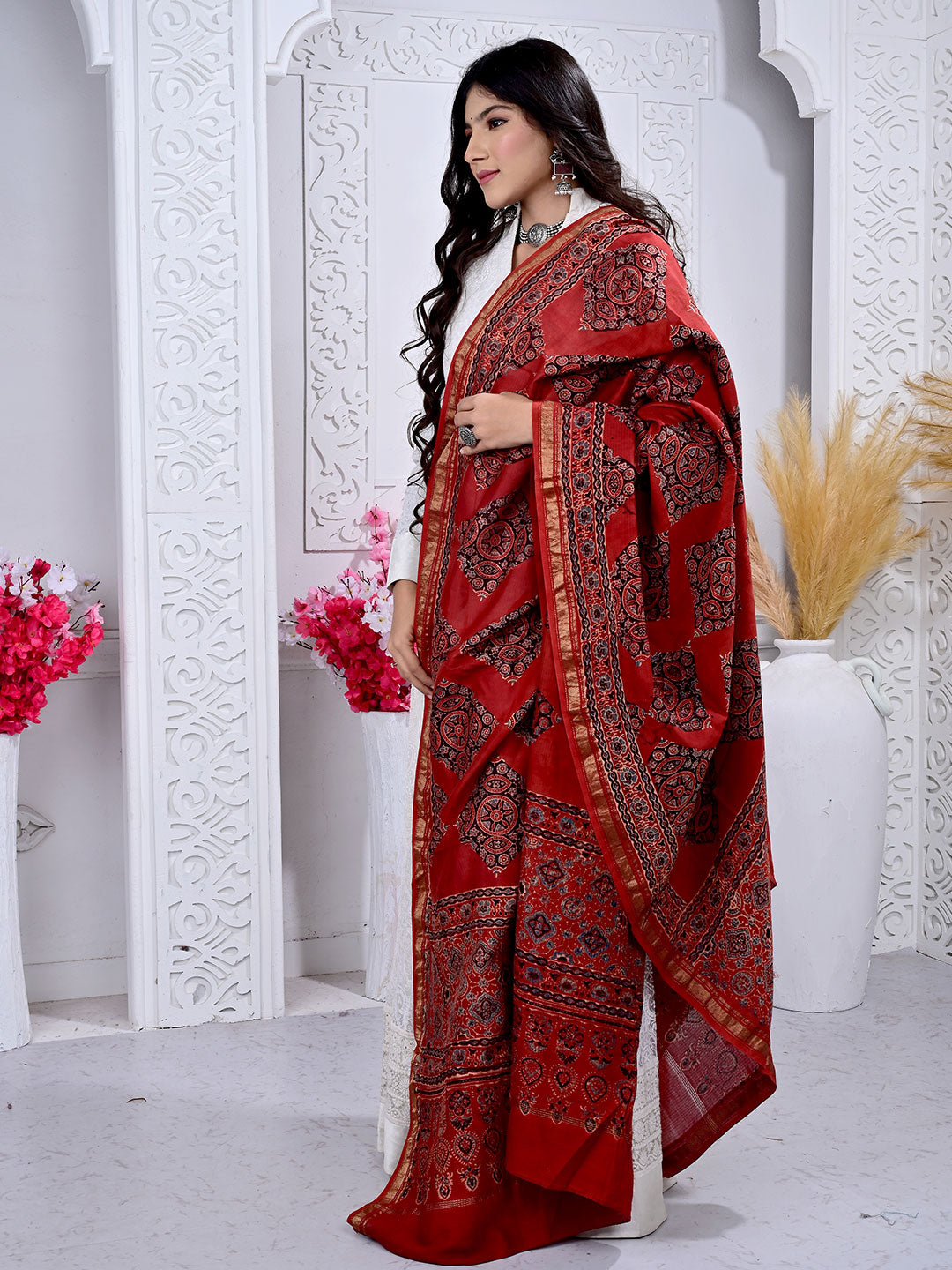 Ajrakh Hand Block Print Maheshwari silk Dupatta