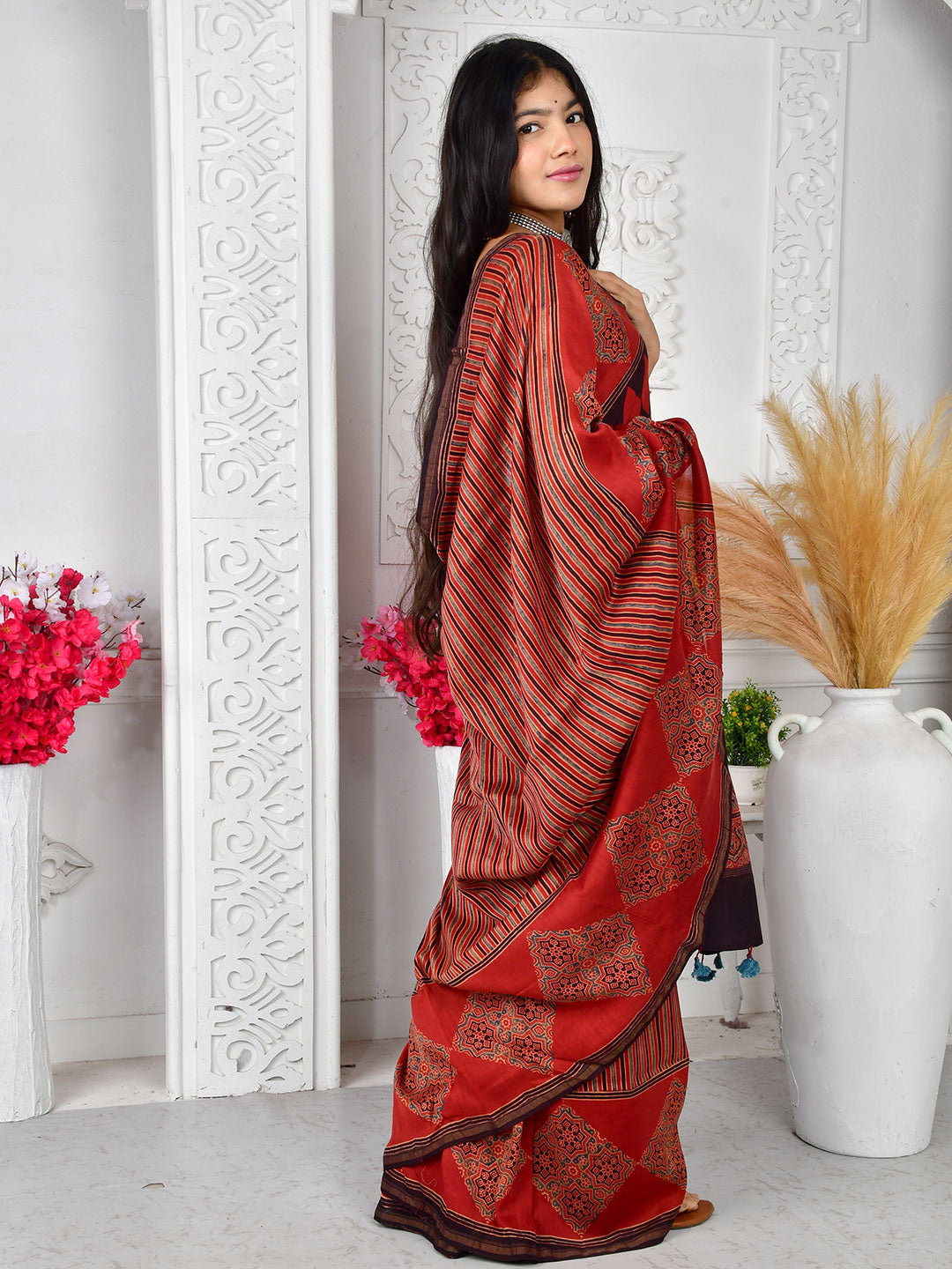 Ajrakh Hand Block Print Chanderi silk saree