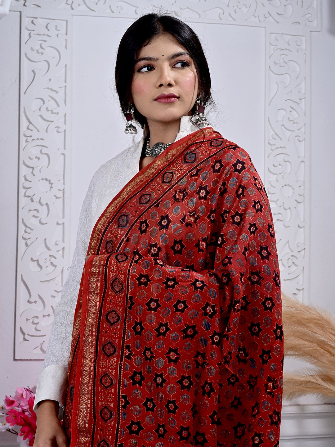 Ajrakh Hand Block Print Maheshwari silk Dupatta