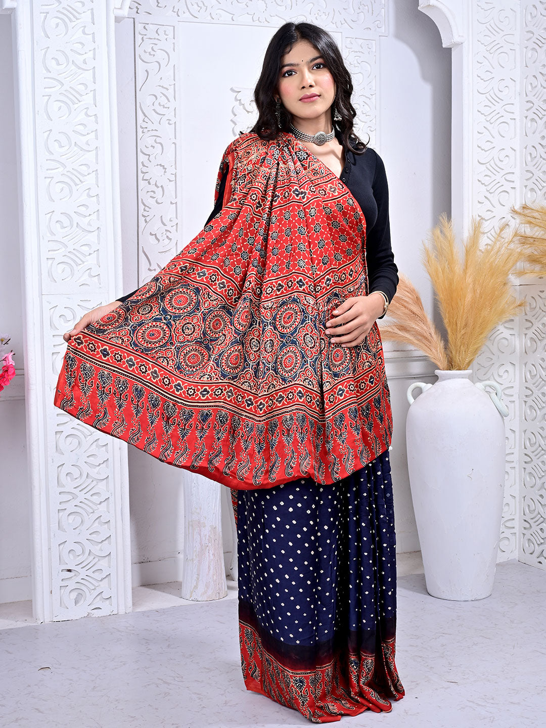 Ajrakh Hand Block Print Bandhej saree