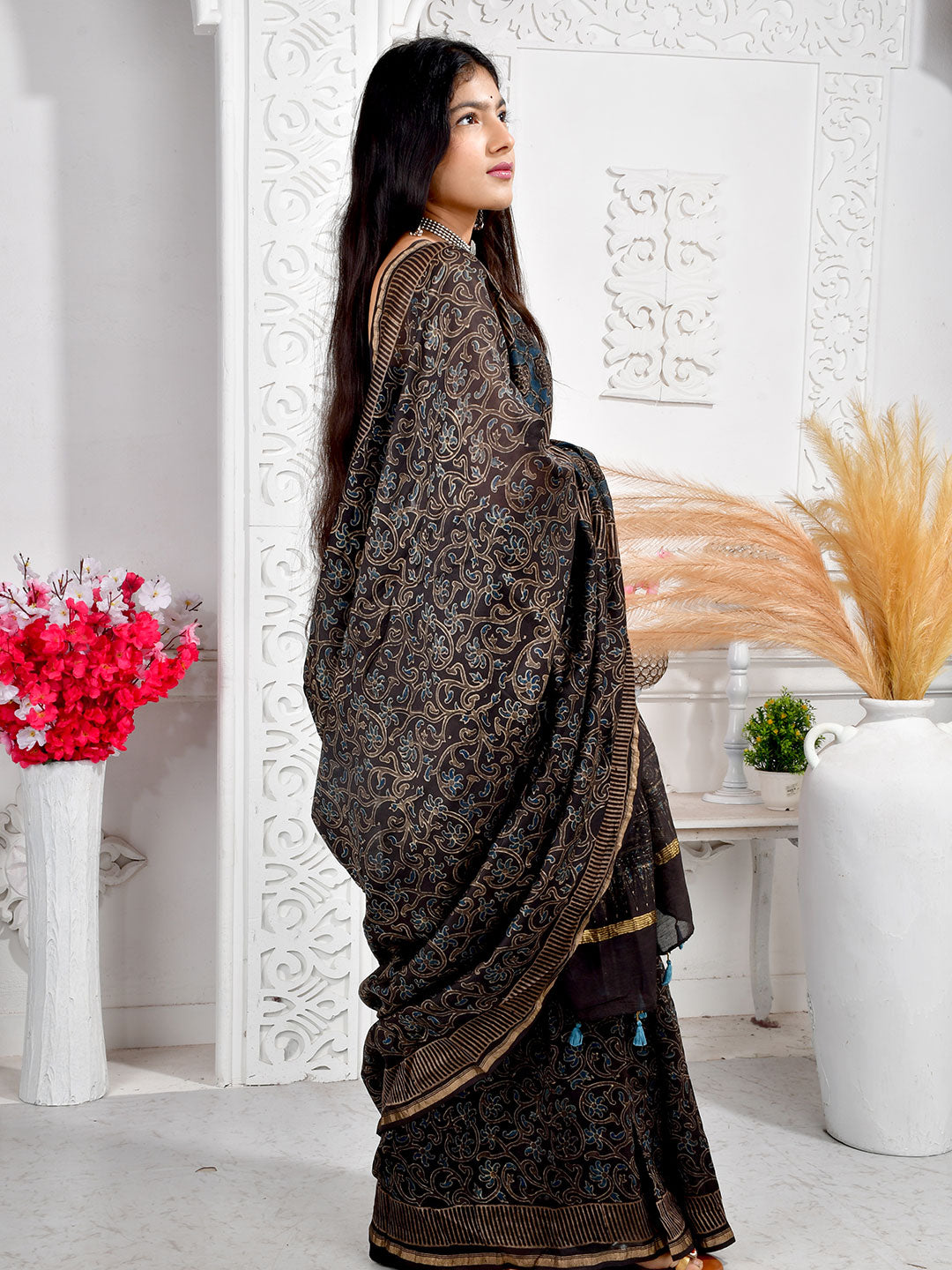 Ajrakh Hand Block Print Chanderi silk saree