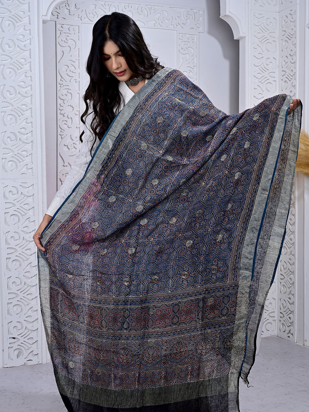 Ajrakh Hand Block Print Linen Dupatta