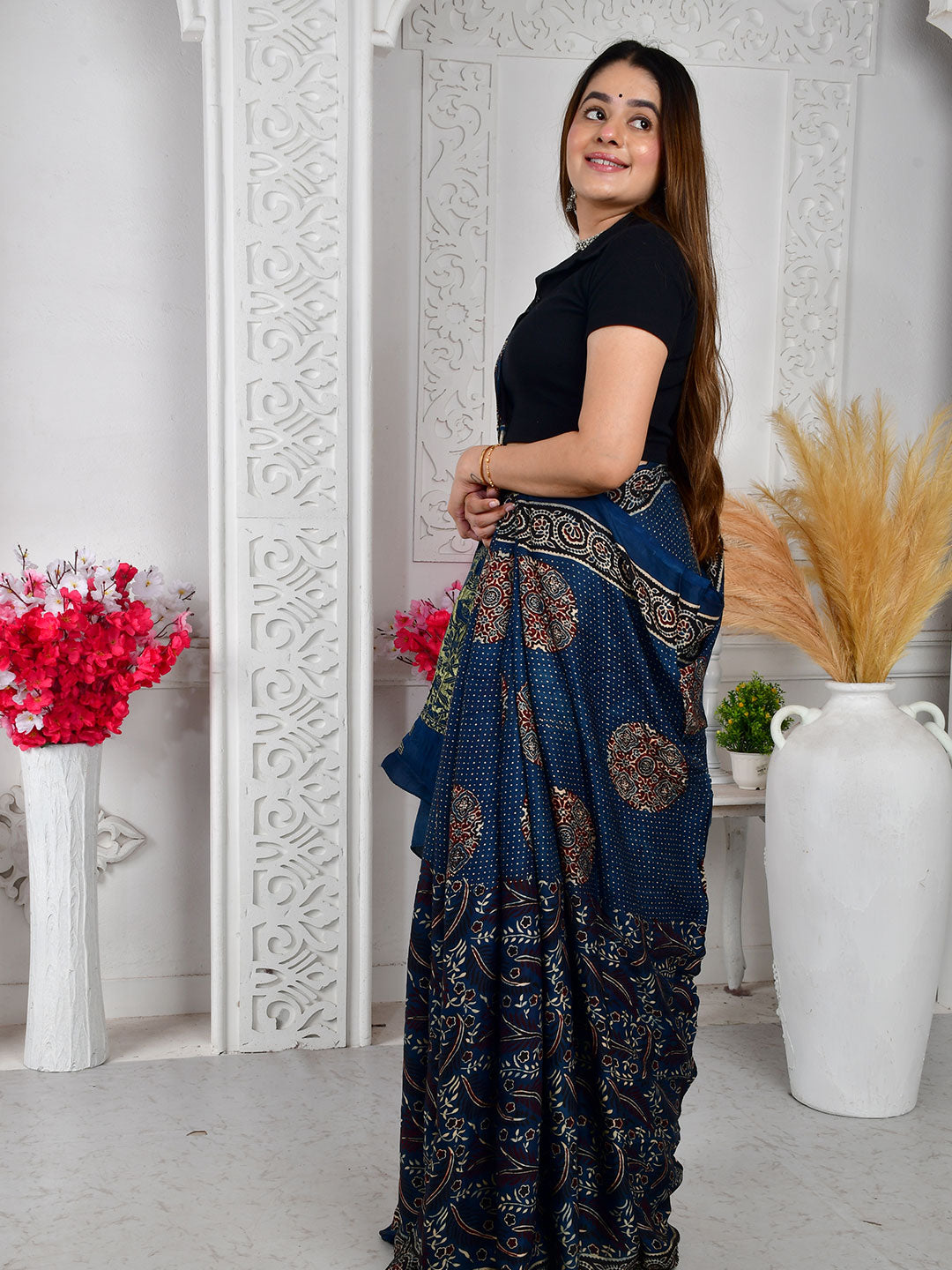 Ajrakh Hand Block Print Modal silk saree