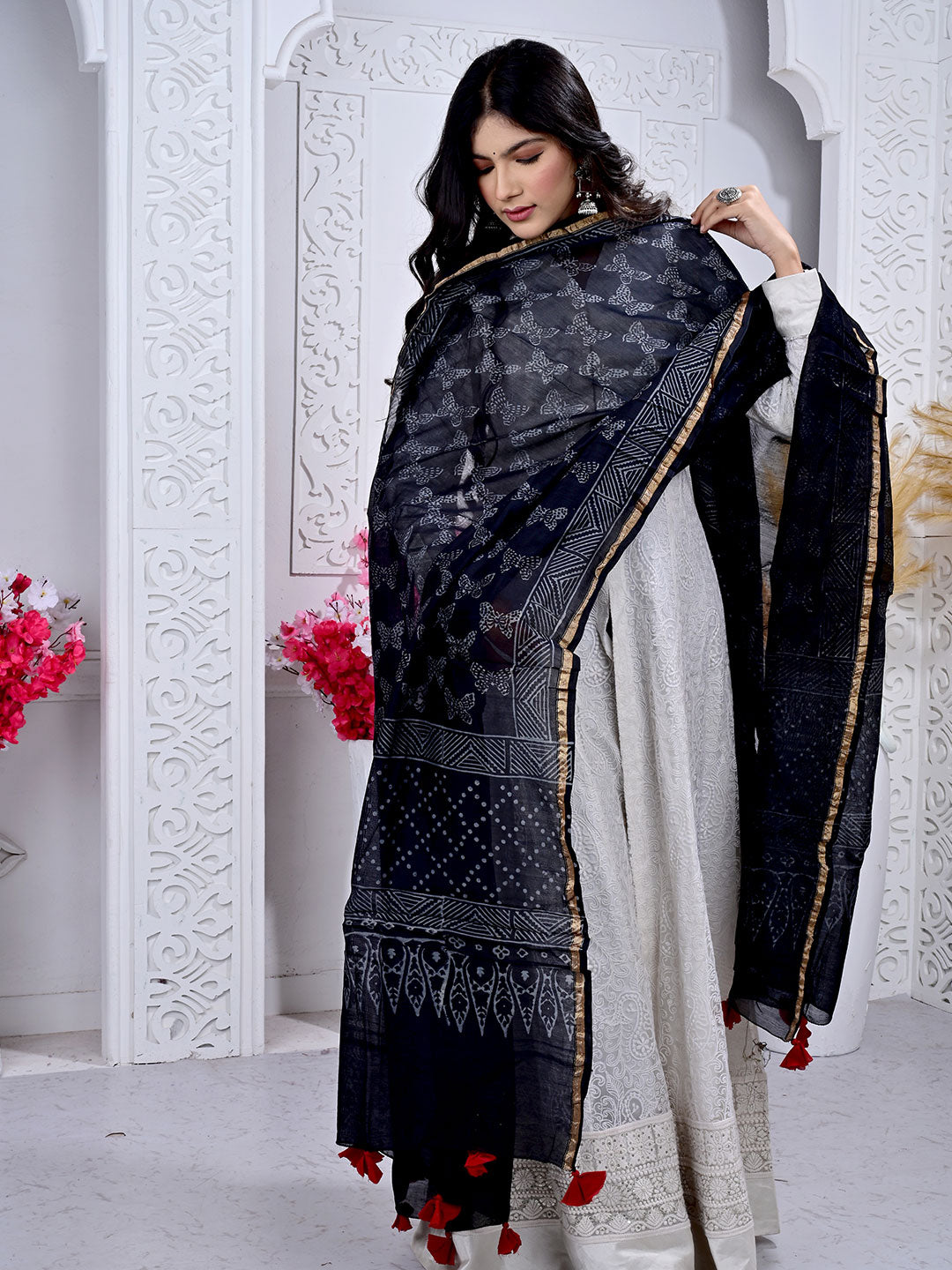 Ajrakh Hand Block Print chanderi Silk Dupatta