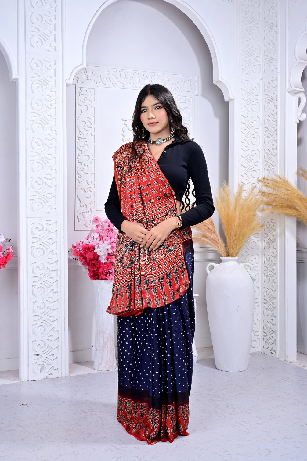 Ajrakh with Bandhej modal silk saree