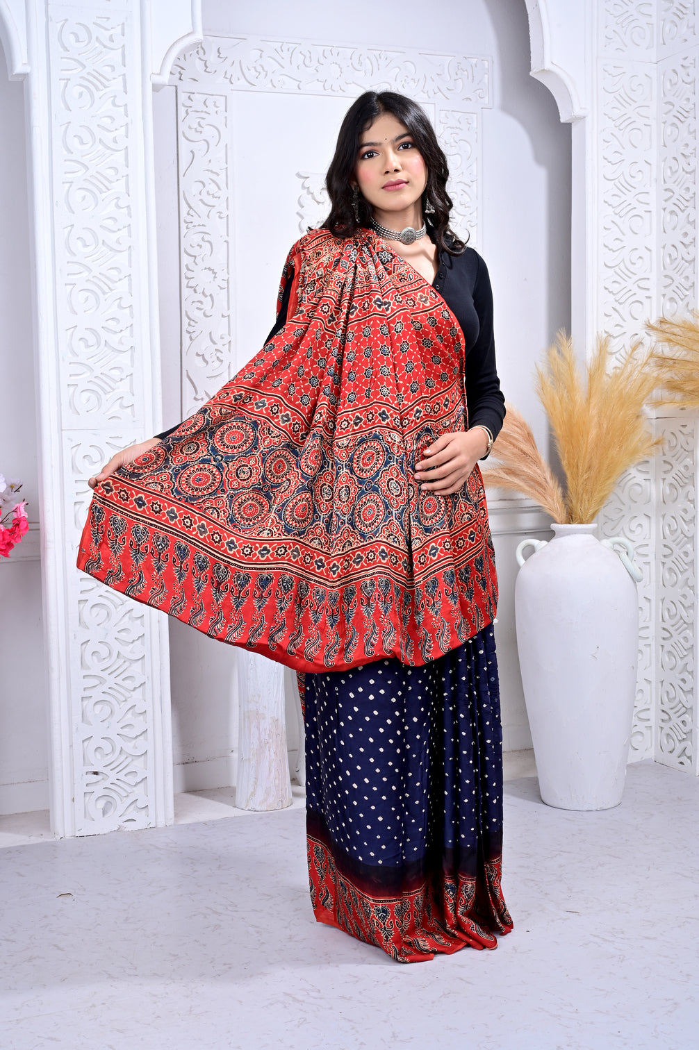 Ajrakh with Bandhej modal silk saree