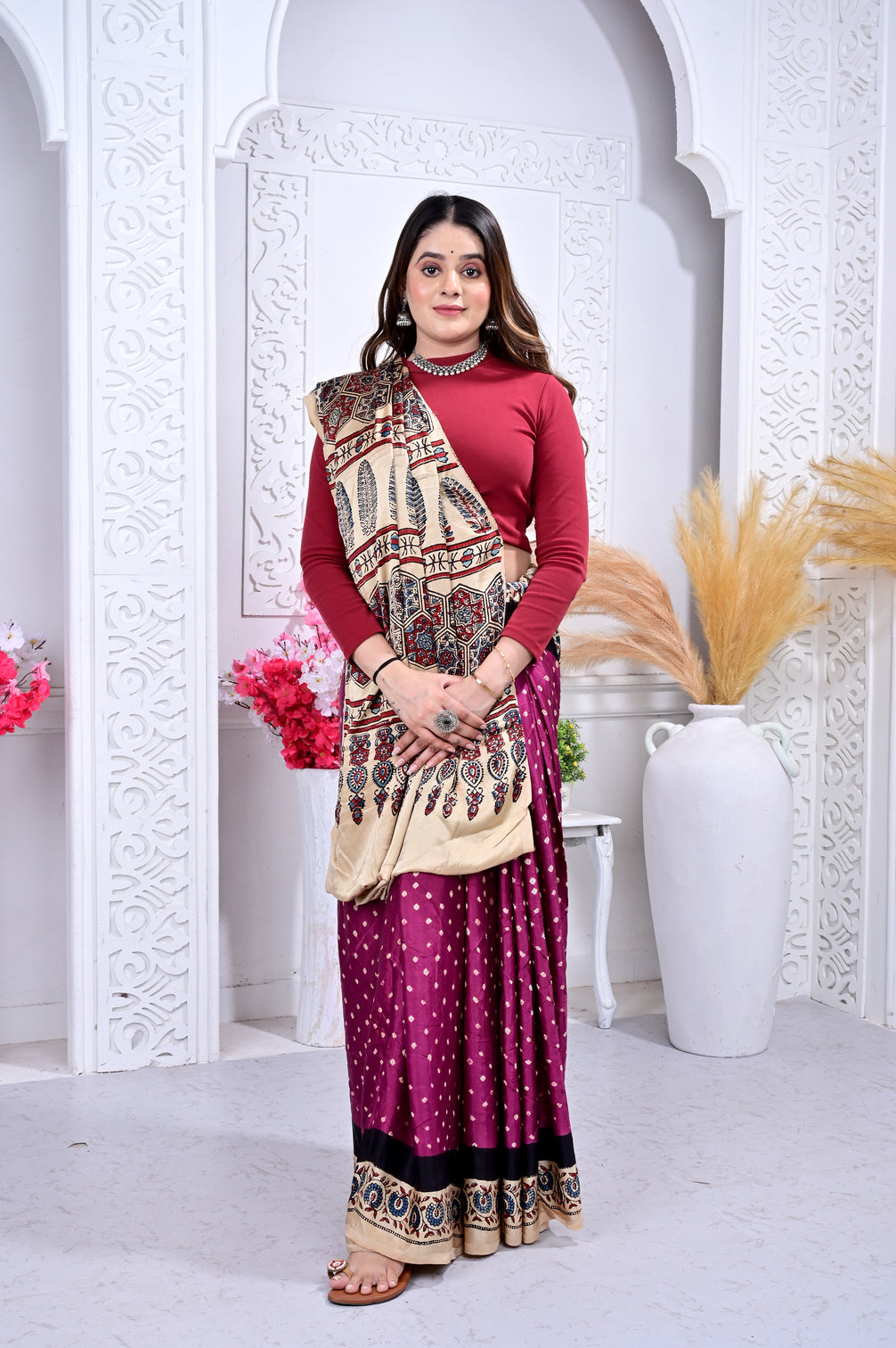 Ajrakh with Bandhej modal silk saree