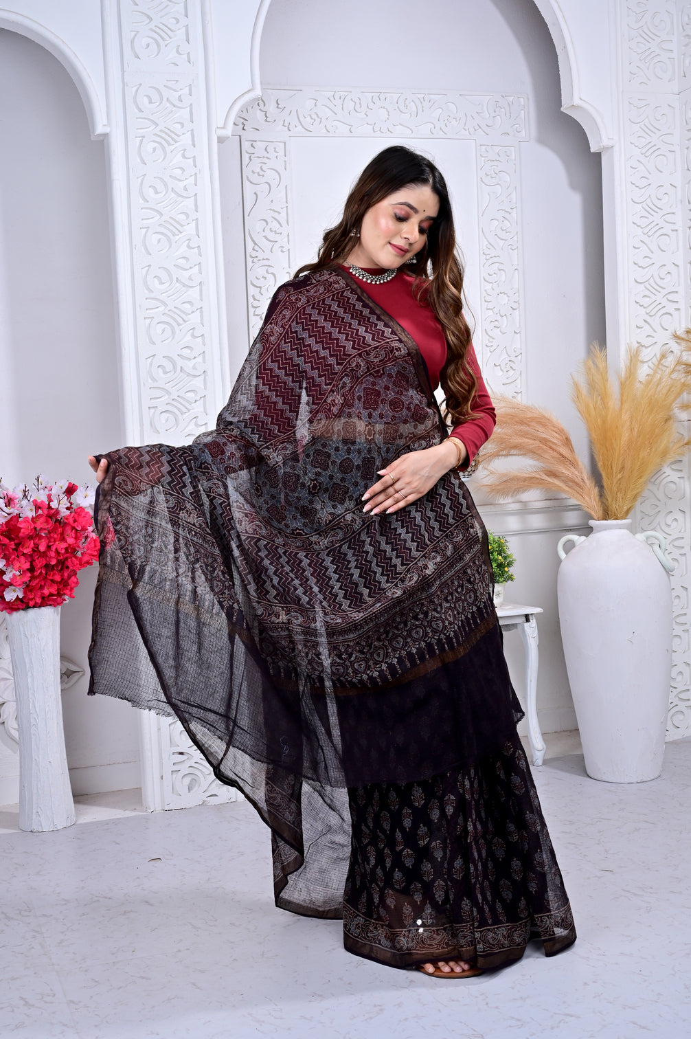 Ajrakh Kota cotton handblock saree