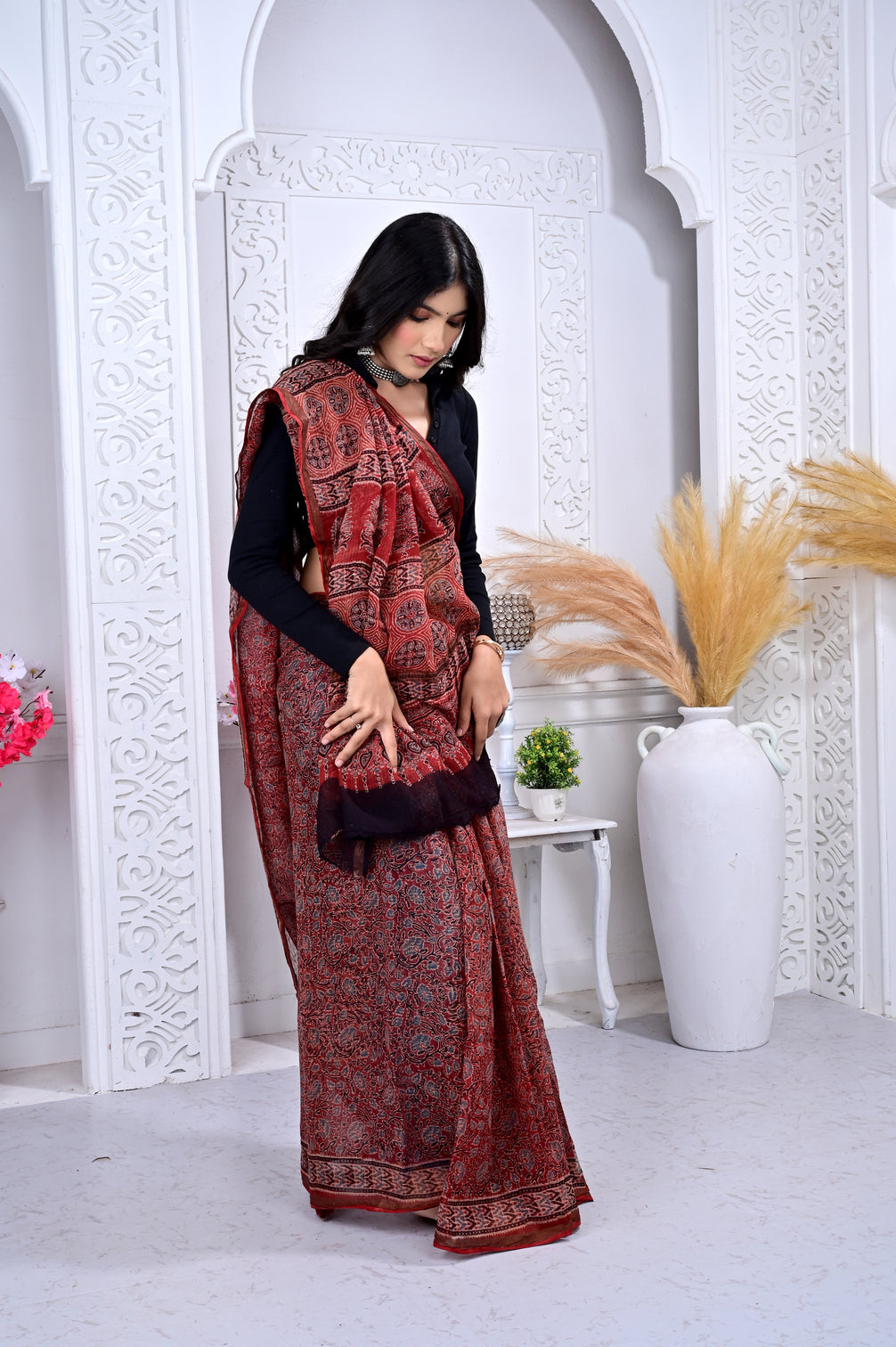 Ajrakh Kota cotton handblock saree