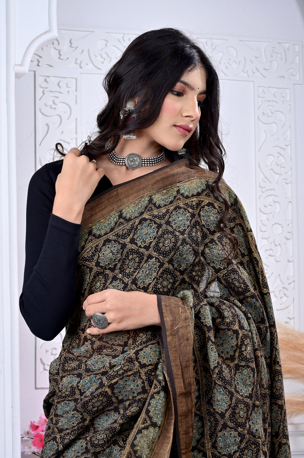 Block Printed Handwoven Linen Naturally Dyed Saree