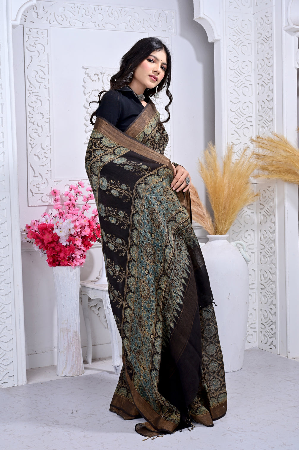 Block Printed Handwoven Linen Naturally Dyed Saree