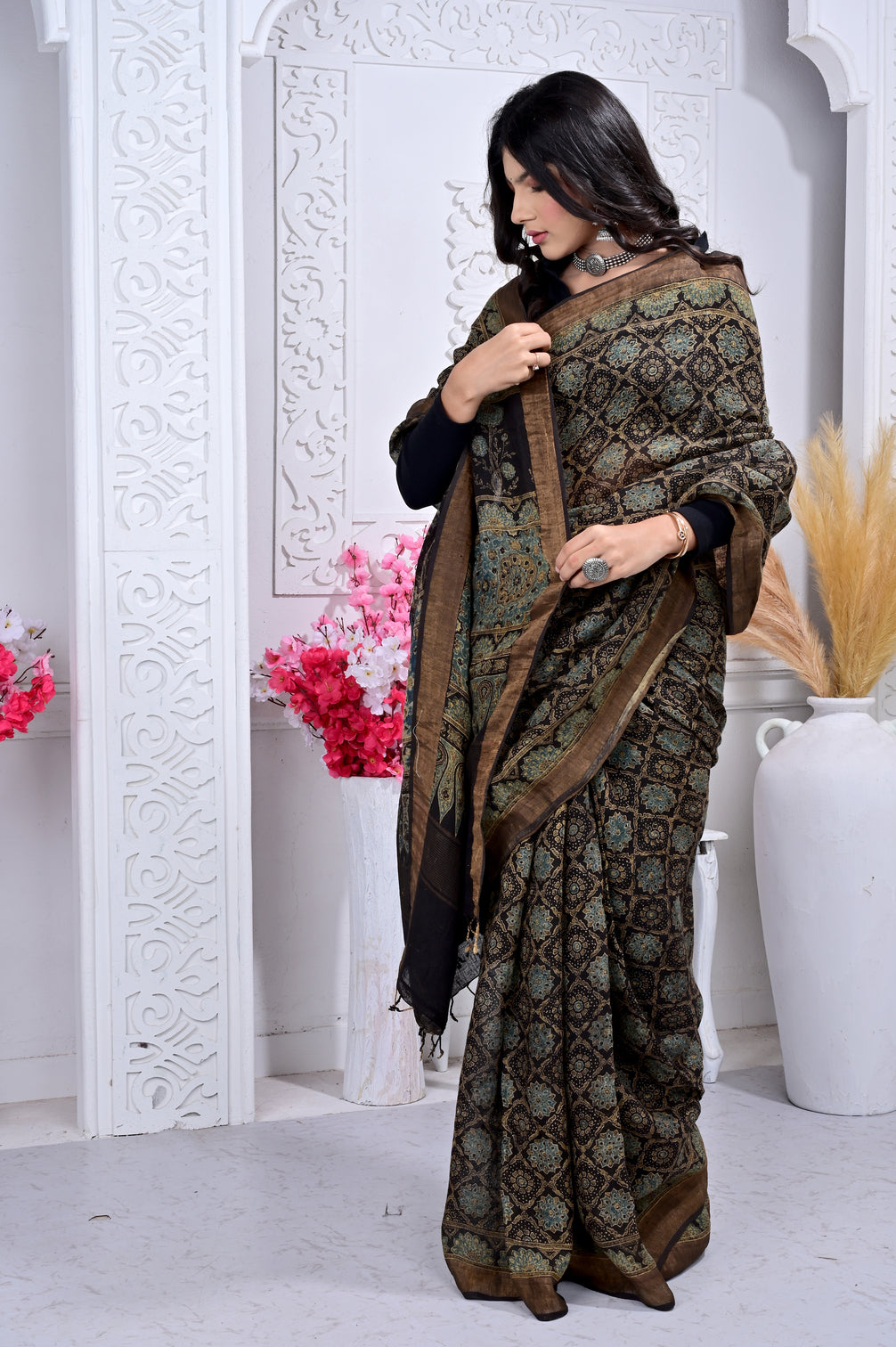 Block Printed Handwoven Linen Naturally Dyed Saree