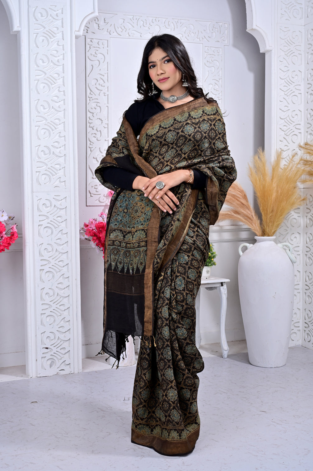 Block Printed Handwoven Linen Naturally Dyed Saree