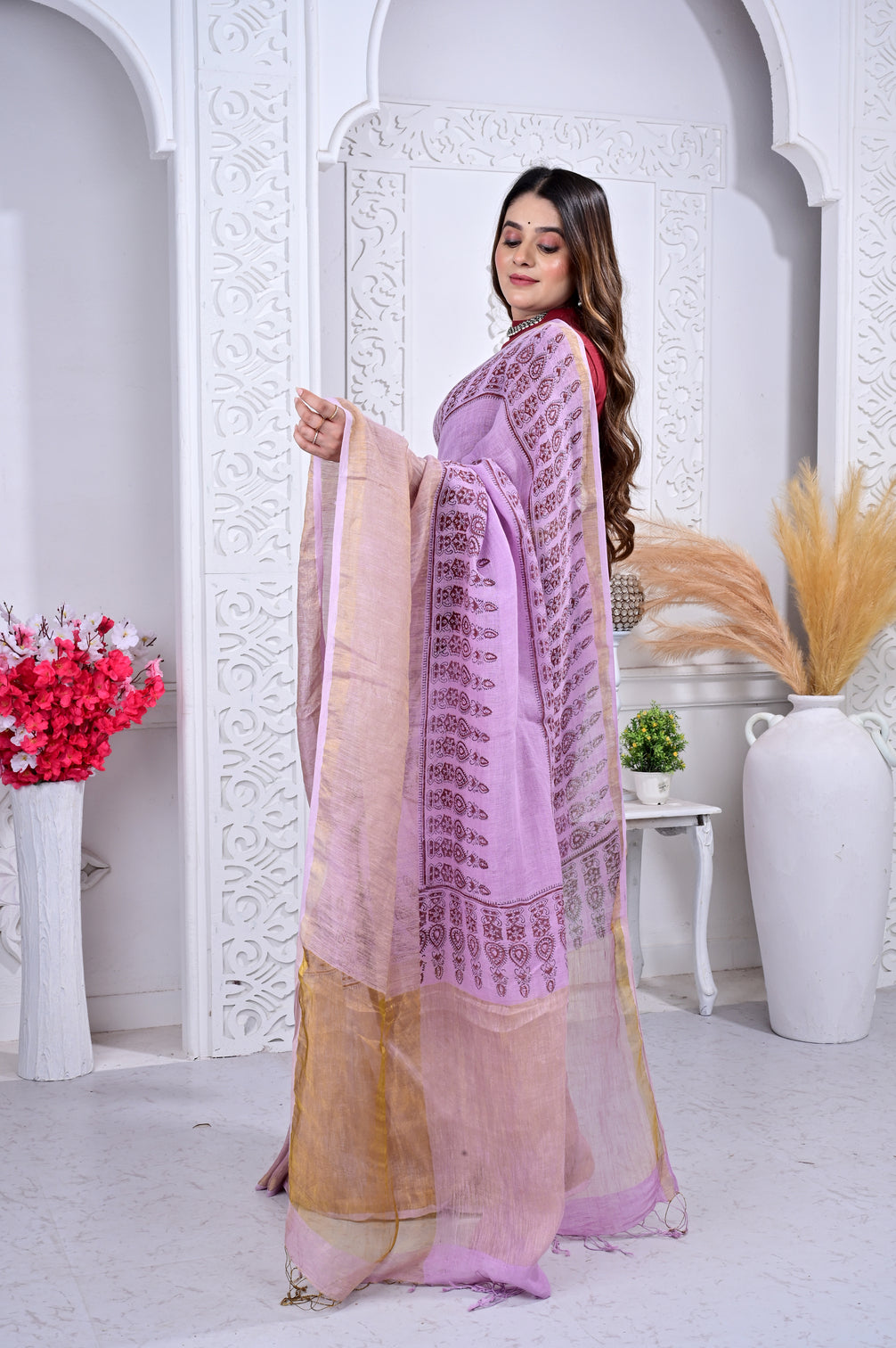 Block Printed Handwoven Linen Naturally Dyed Saree