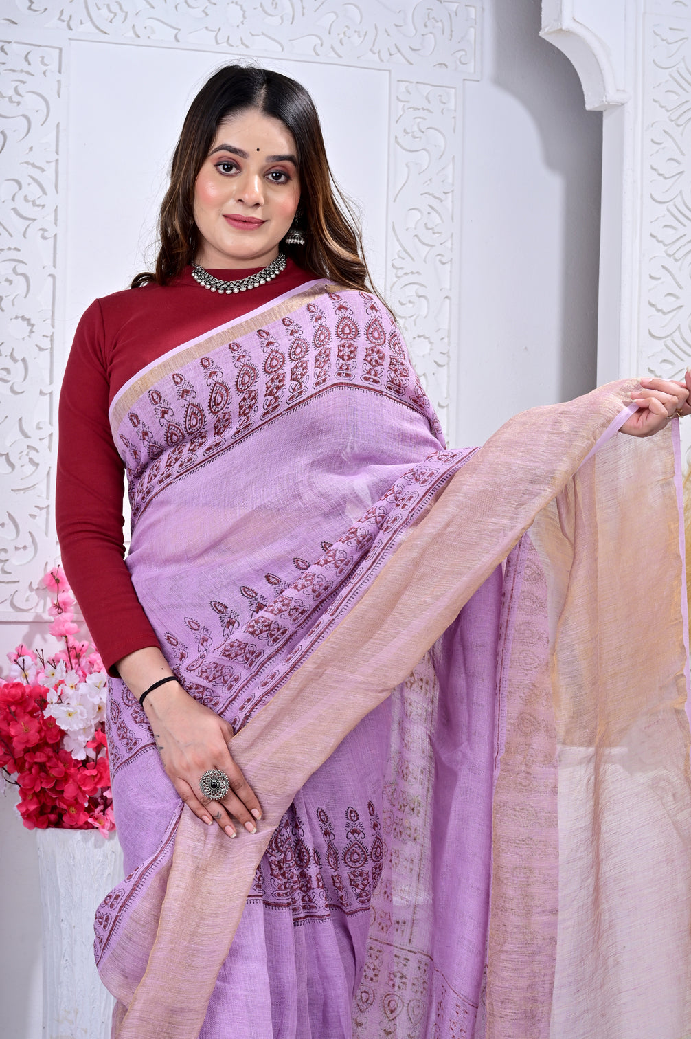 Block Printed Handwoven Linen Naturally Dyed Saree