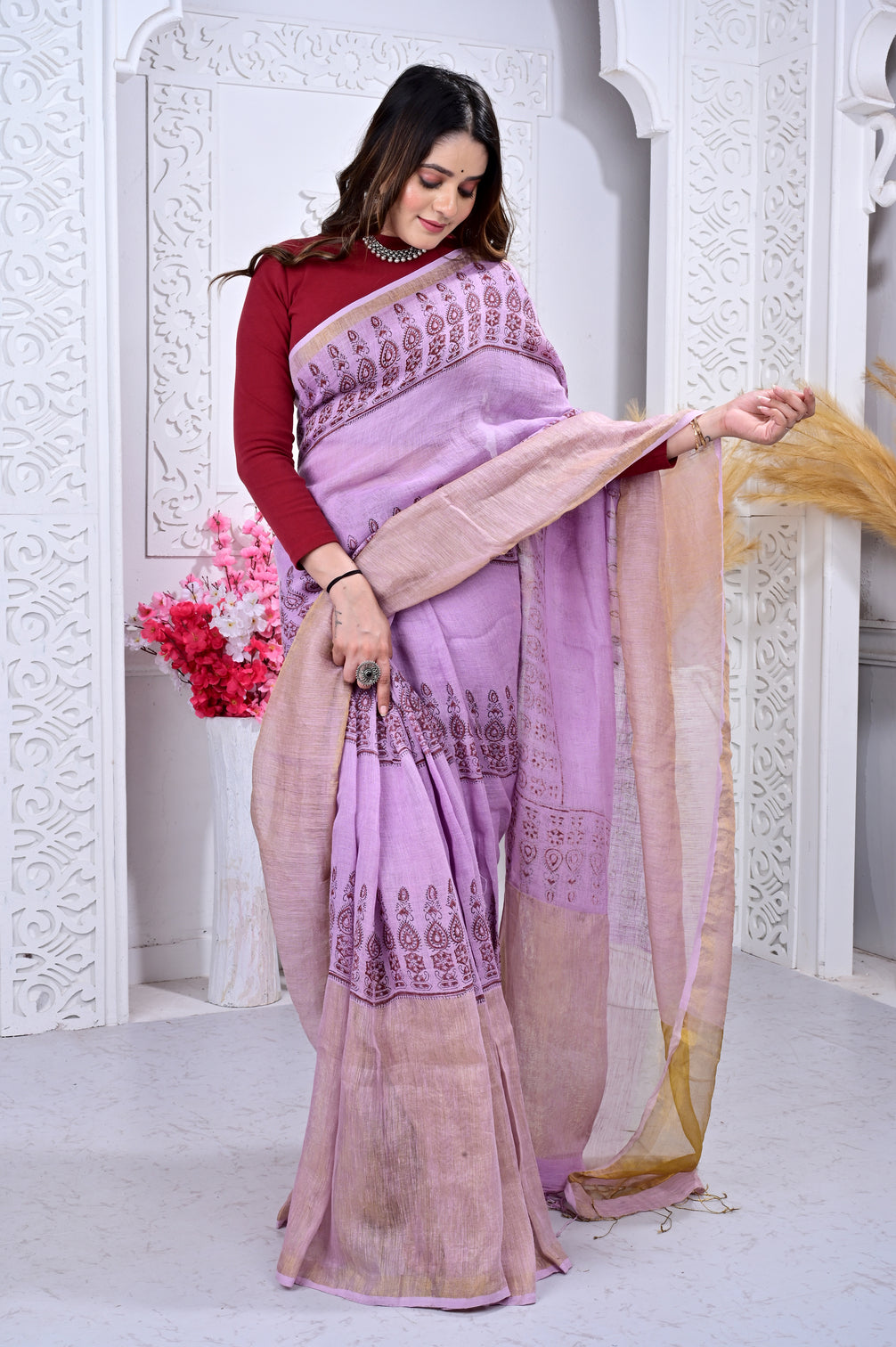 Block Printed Handwoven Linen Naturally Dyed Saree