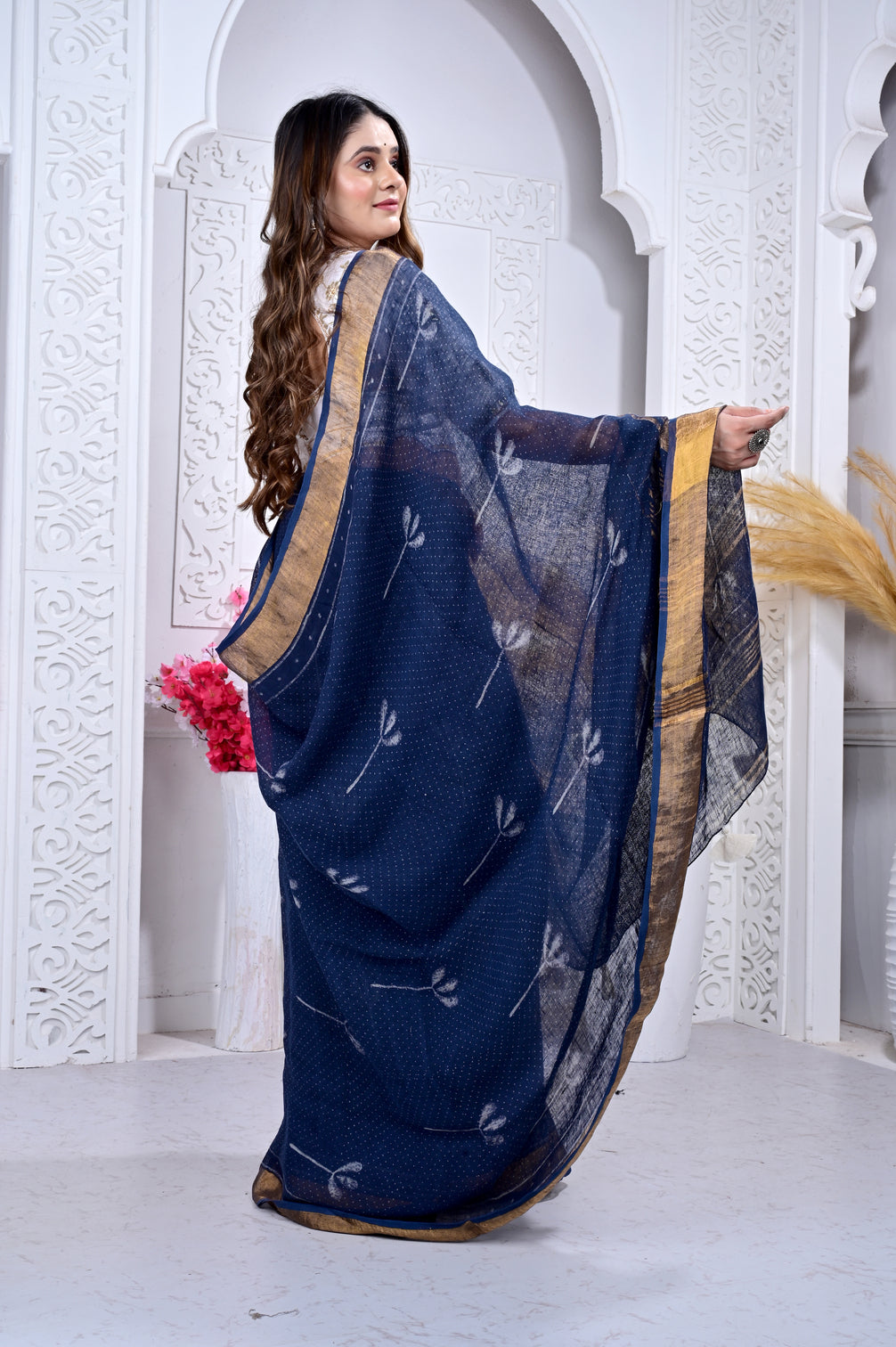 Block Printed Handwoven Linen Naturally Dyed Saree